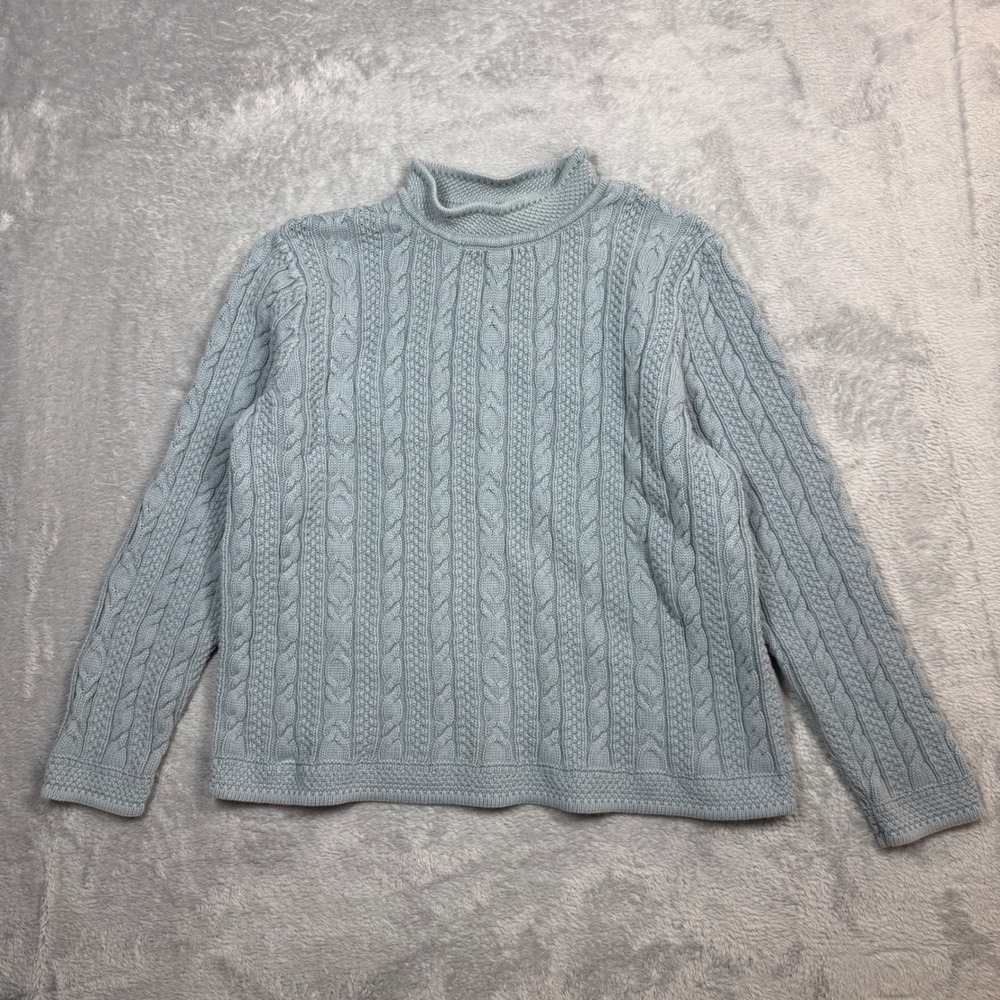 LL Bean Cable Knit Sweater Womens L Blue Mock Neck Cotton Fisherman 90s